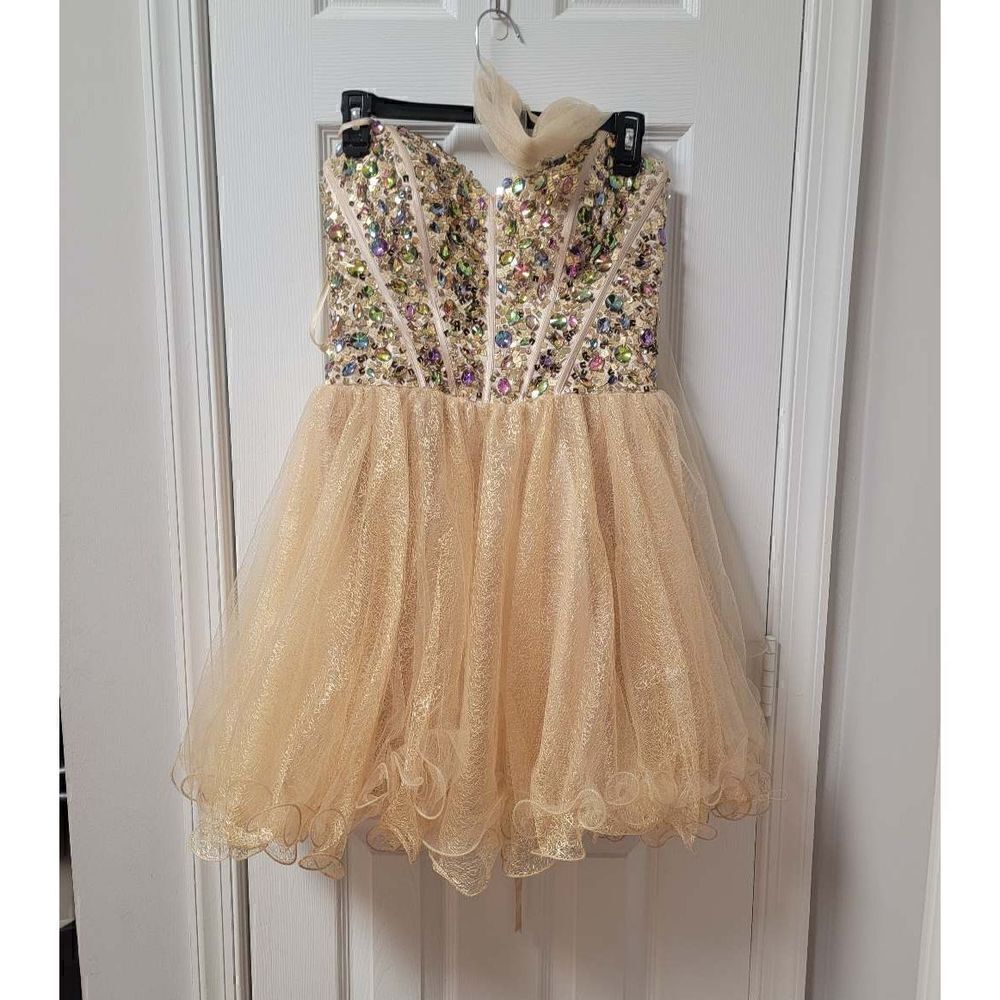 Star Box Champagne Rhinestone Formal Dress M